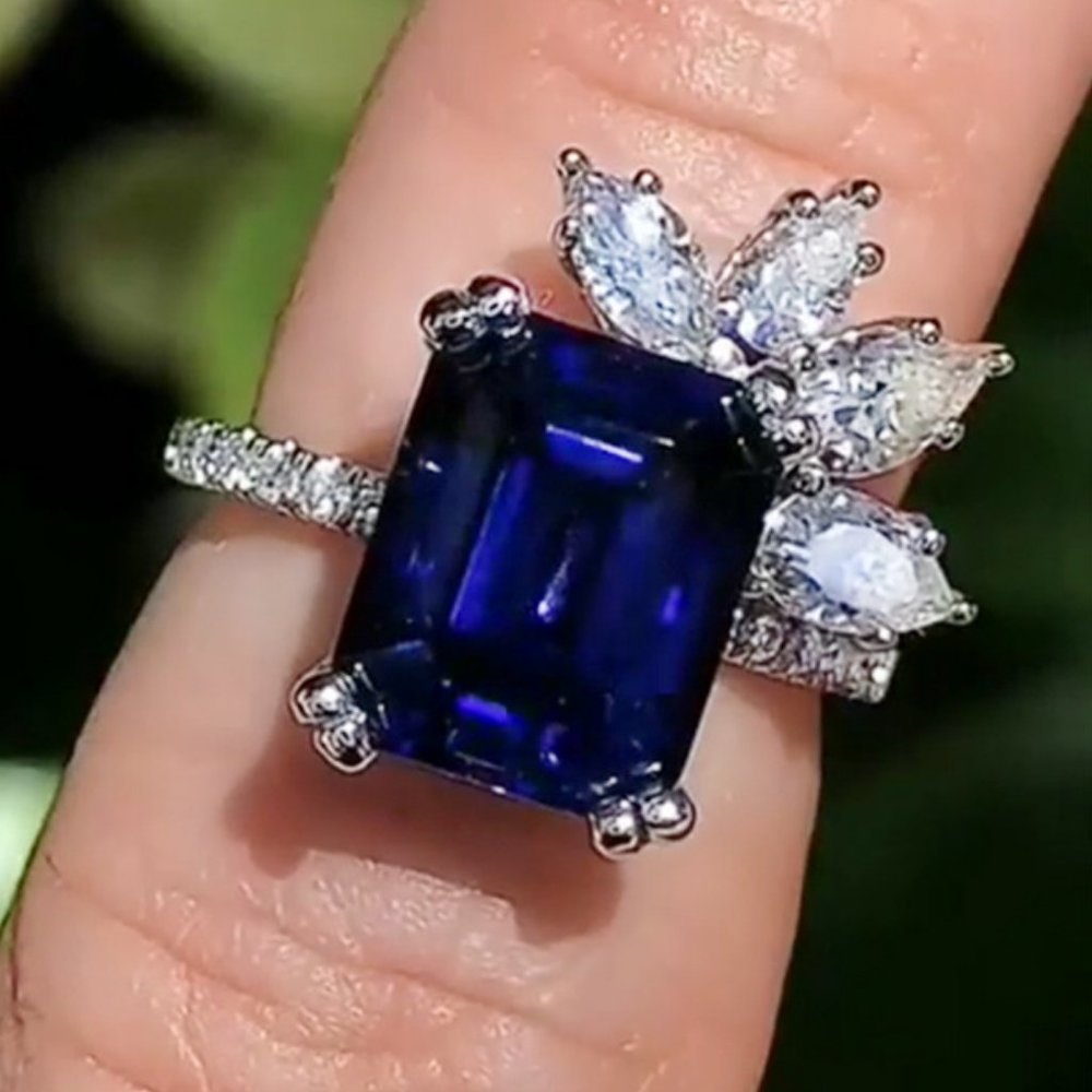 *NEW 925 Silver Blue Sapphire Marquis Leaf Ring